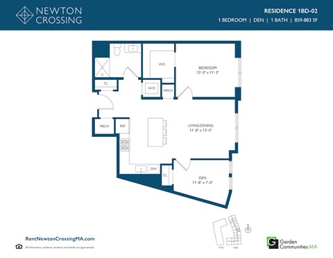 Floor plan for 1 bed, 1 bath, 883 sqft